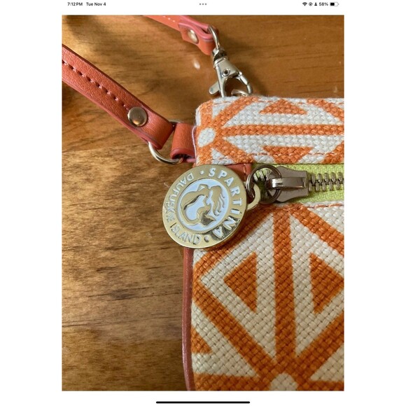 Spartina Daufuskie Island Wristlet in Orange/Ivory Natural Linen/Leather - Picture 3 of 7